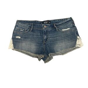 Hollister Short Shorts Low Rise Cut Off Lace Blue Denim Jean Shorts Size 9
